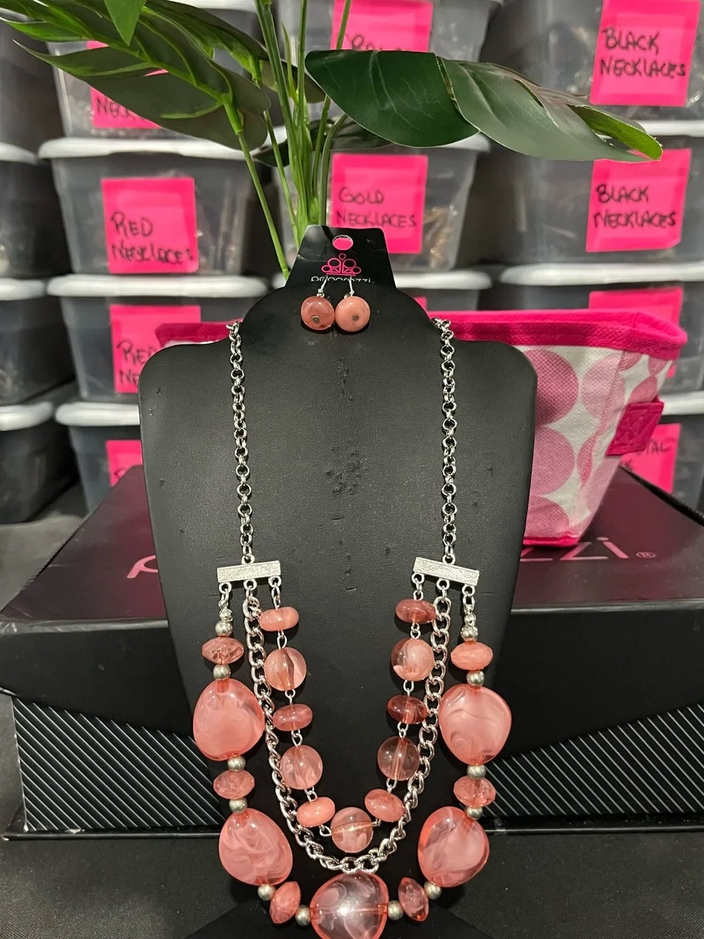 paparazzi Pink Multi-Strand Beaded Necklace with Matching Studs